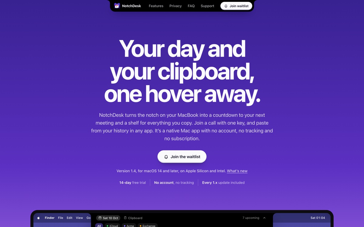 NotchDesk homepage: Mac app by SynthCoder