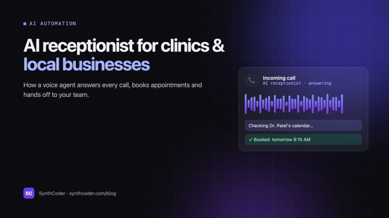 AI receptionist answering a call and booking an appointment, illustrated with a voice waveform and a calendar confirmation