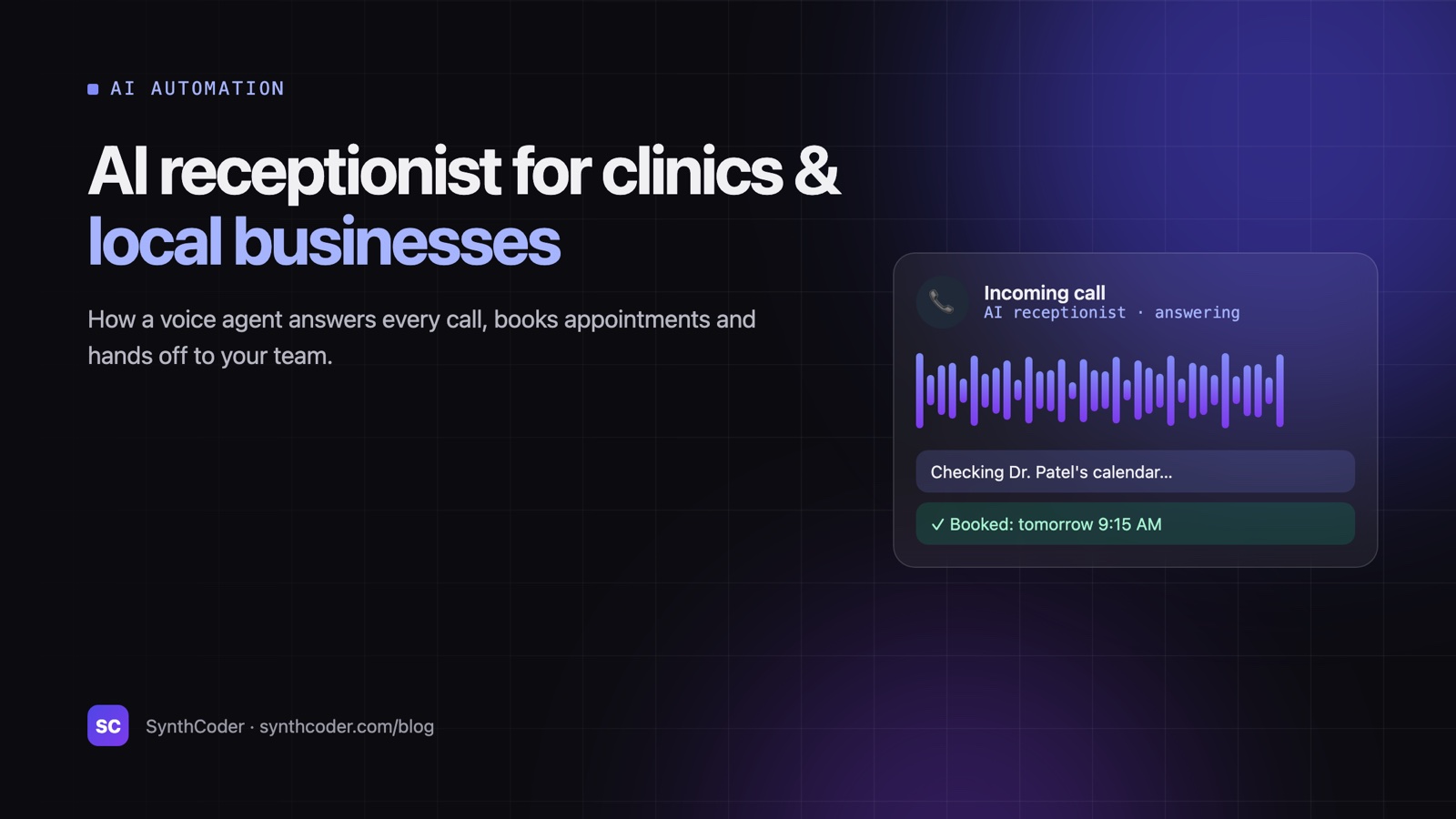 AI receptionist answering a call and booking an appointment, illustrated with a voice waveform and a calendar confirmation