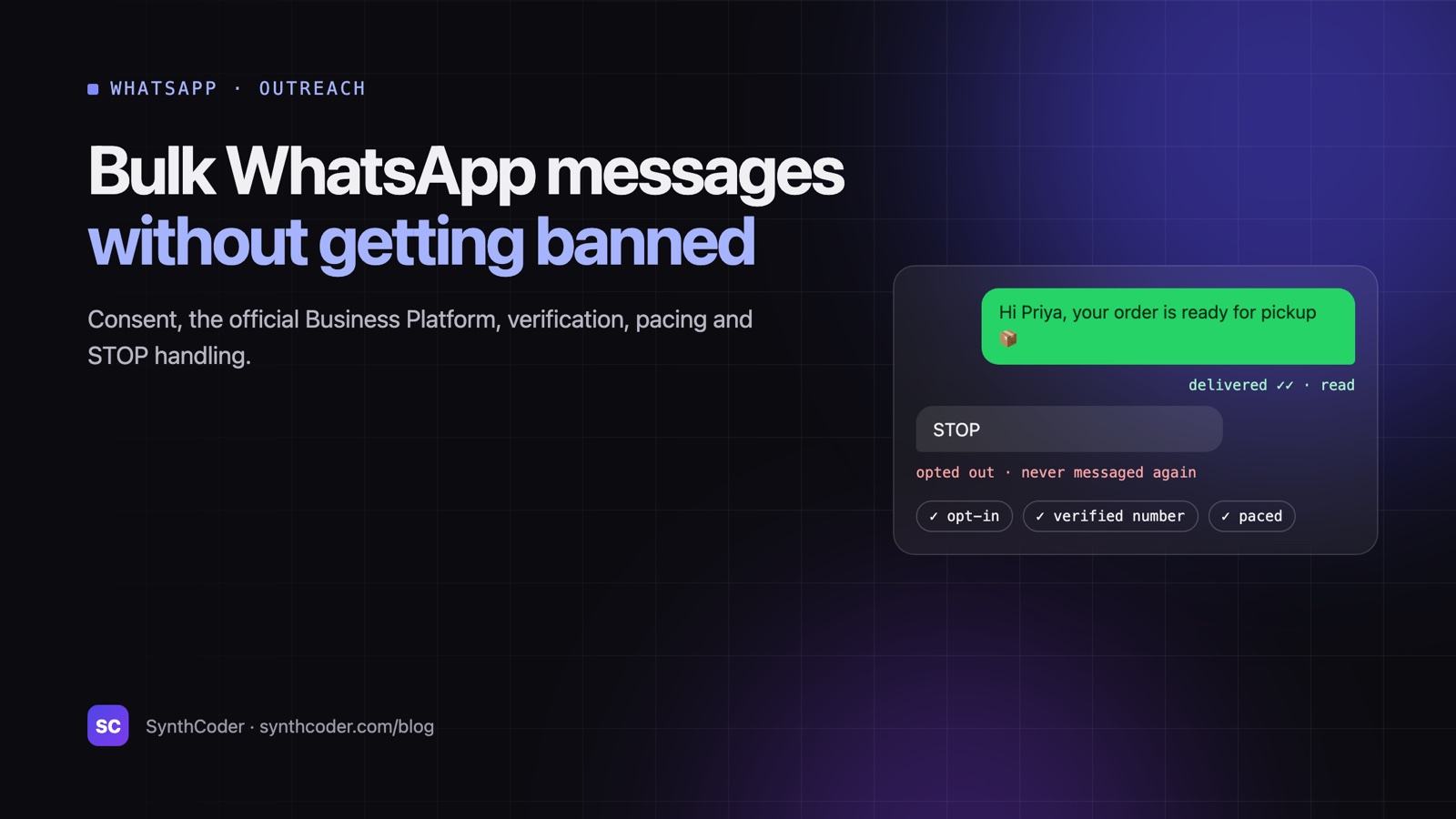 Bulk WhatsApp messaging done safely: a delivered and read message, a STOP reply that opts the contact out, and opt-in, verified-number and pacing checks
